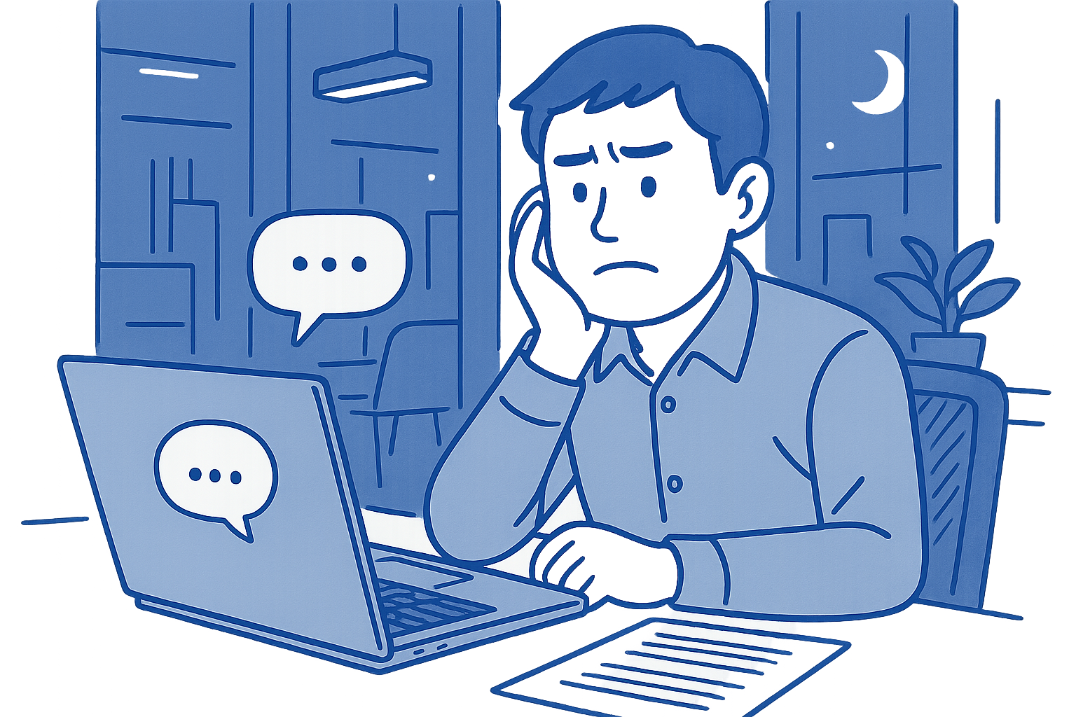 PCで悩んでいるビジネスマン