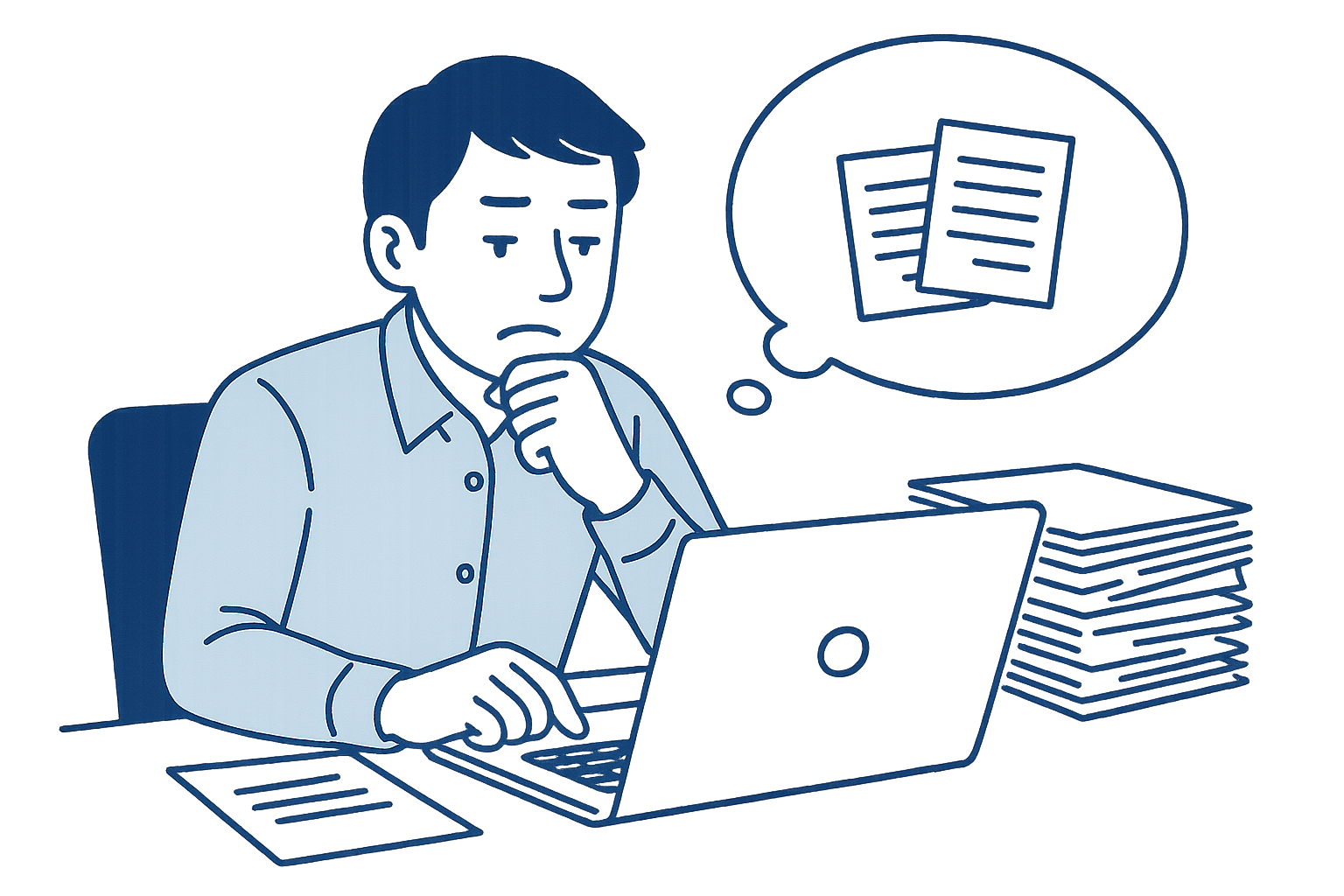 大量の書類に囲まれて疲れているビジネスマン