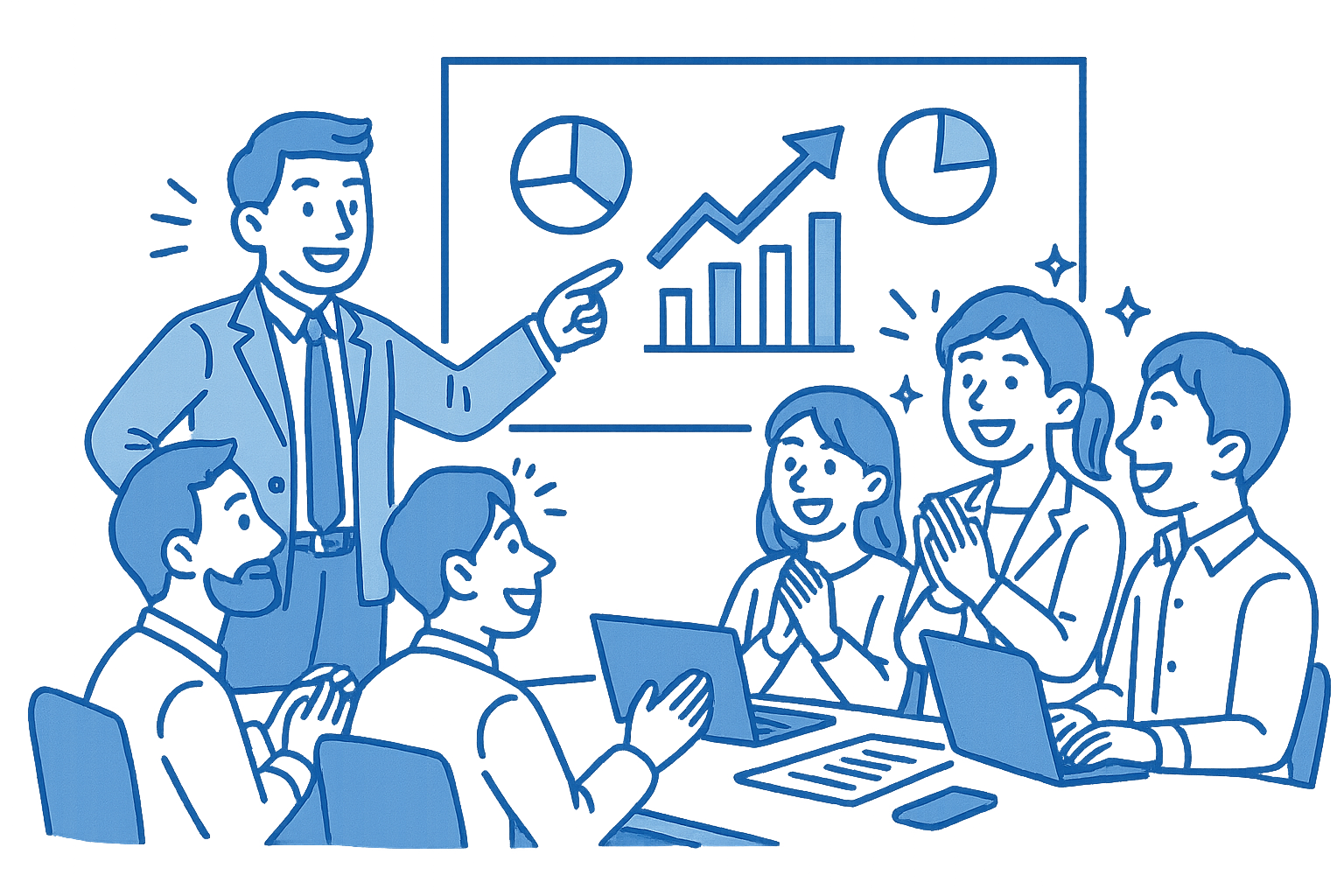 チームでプレゼンテーションを行うビジネスマンとグラフ